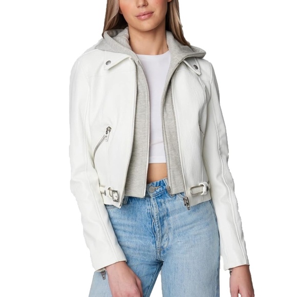 NWT Blank NYC White Vegan Leather Moto Jacket Gray Zip-Out Hood Insert - Picture 1 of 8